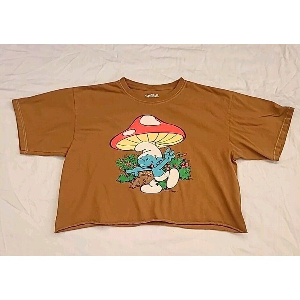 Smurfs Graphic Tee Mens Lrg Cropped Mushroom Vintage Cartoons 80's